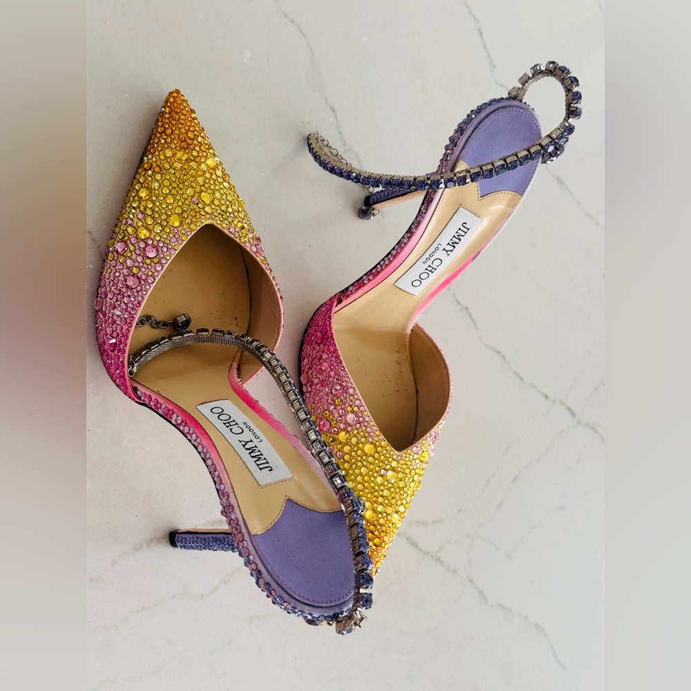 Jimmy Choo Pink and Yellow Glitter Heels - Picture 2 of 6